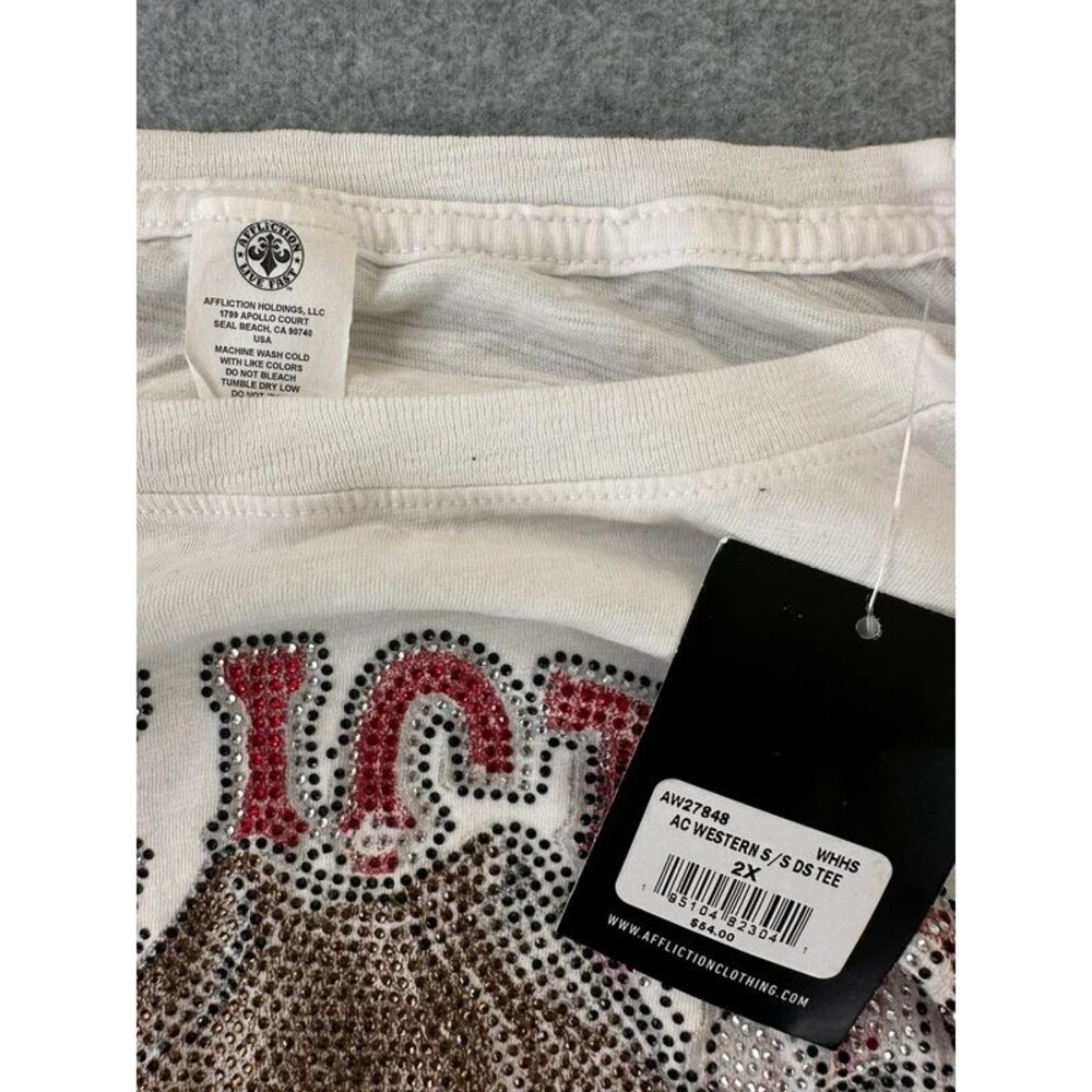 Affliction Rhinestone Western Skeleton Top Plus Sz 2X Braided Tee Cowgirl Rodeo - Picture 5 of 14